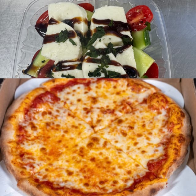 Small Cheese Pizza & Caprese Salad.