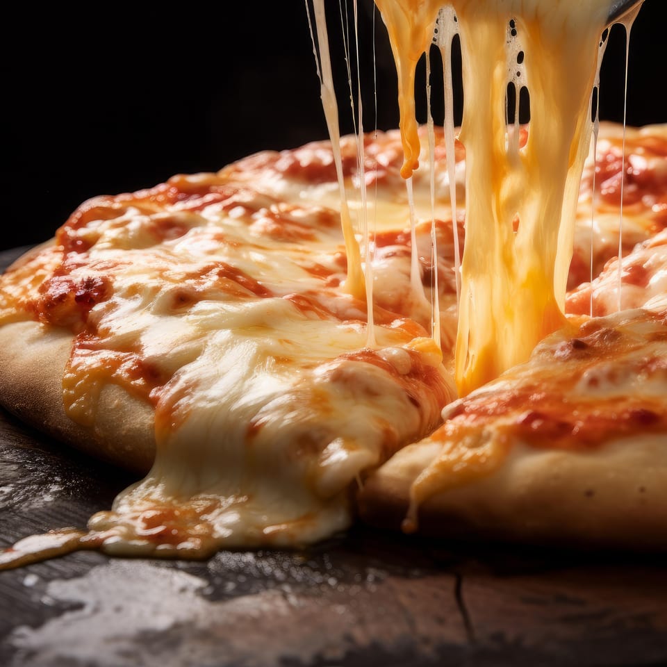 A Wicked Pizza Company slice being pulled, showing long, gooey strands of melted cheese and red sauce.