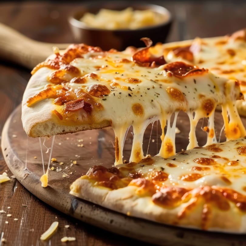 A slice of Wicked Pizza Company's pepperoni pizza being lifted, with cheese stretching.