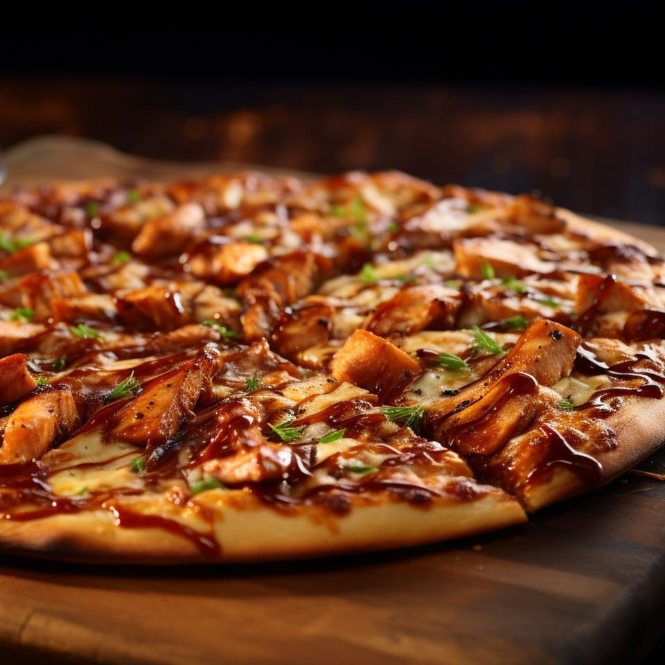 Wicked Pizza Company's BBQ chicken pizza, topped with melted cheese, chicken pieces, and barbecue sauce.