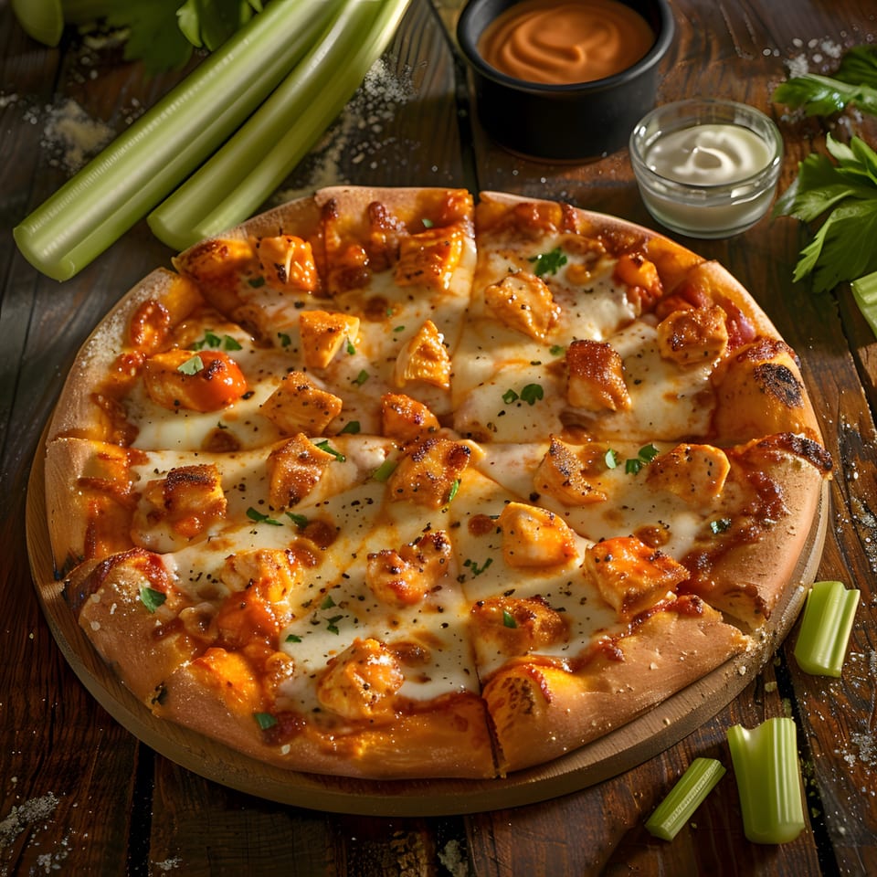 Wicked Pizza Company's buffalo chicken pizza with celery sticks, ranch, and buffalo sauce on a wooden table.