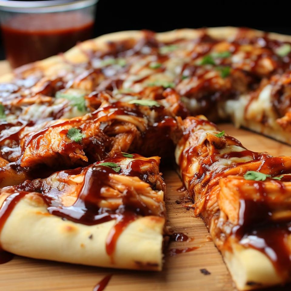 Wicked Pizza Company's BBQ chicken pizza with melted cheese and cilantro, a slice pulled away.