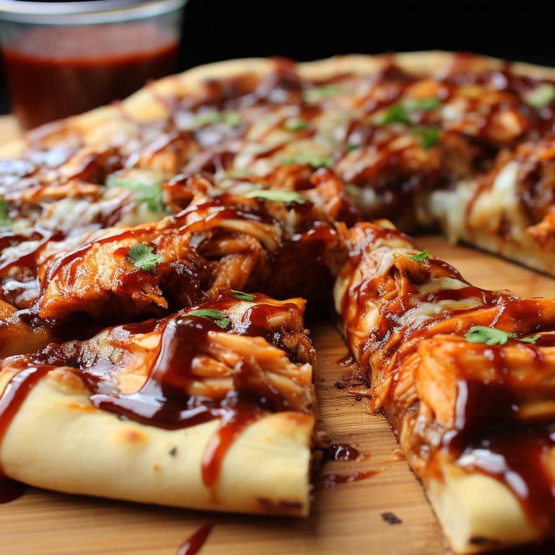 Wicked Pizza Company's BBQ chicken pizza with melted cheese and cilantro, a slice pulled away.
