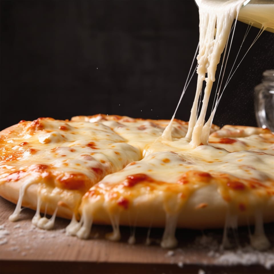 A Wicked Pizza Company cheese pizza with a slice being lifted, showing melted, stretching cheese.
