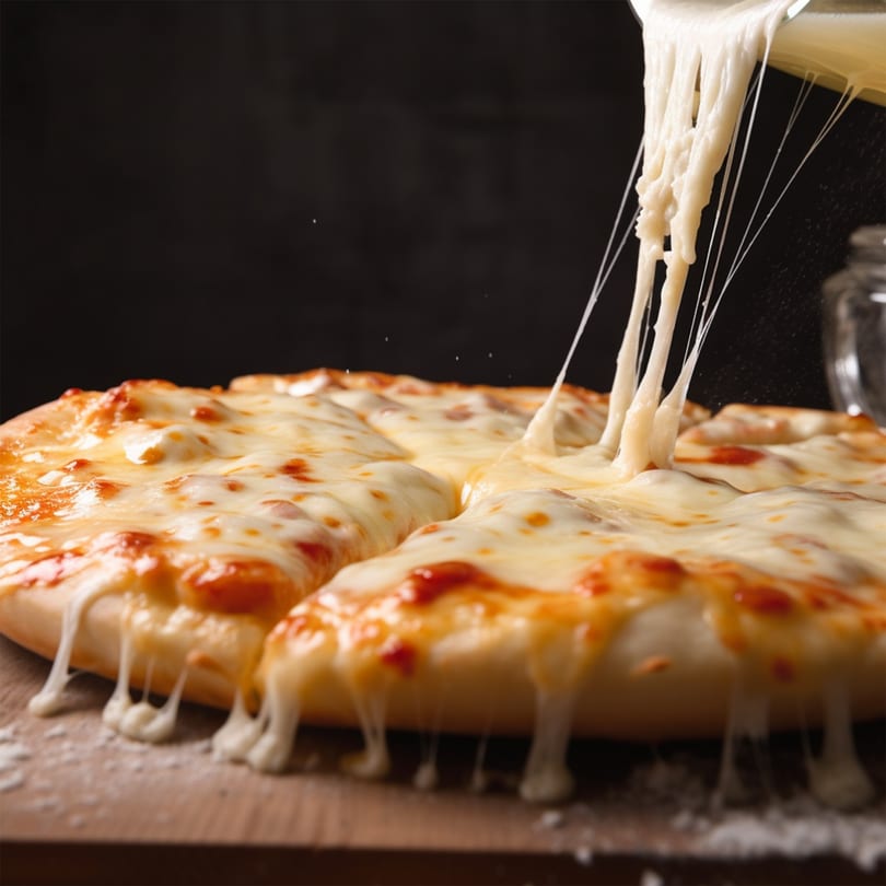 A Wicked Pizza Company cheese pizza with a slice being lifted, showing melted, stretching cheese.